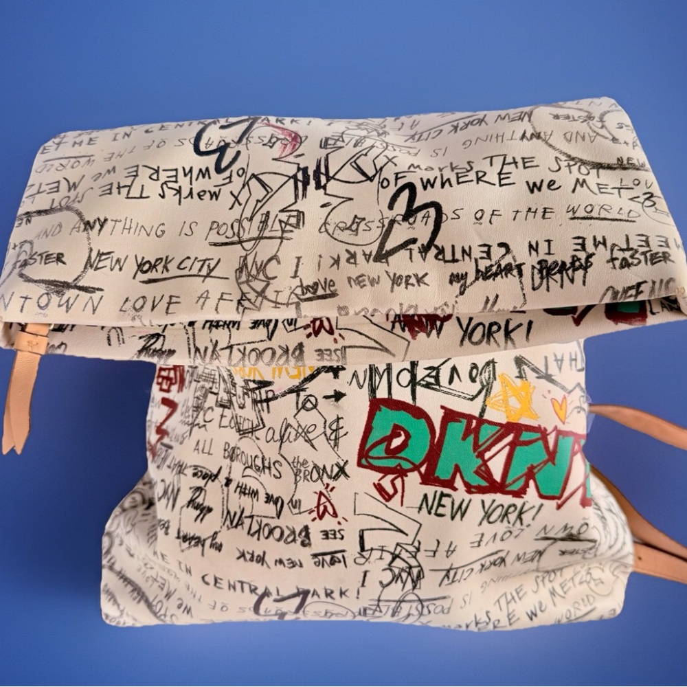 Rare VTG DKNY Backpack Tilly Graffiti Fold Over White Purse Top Zip Artistic